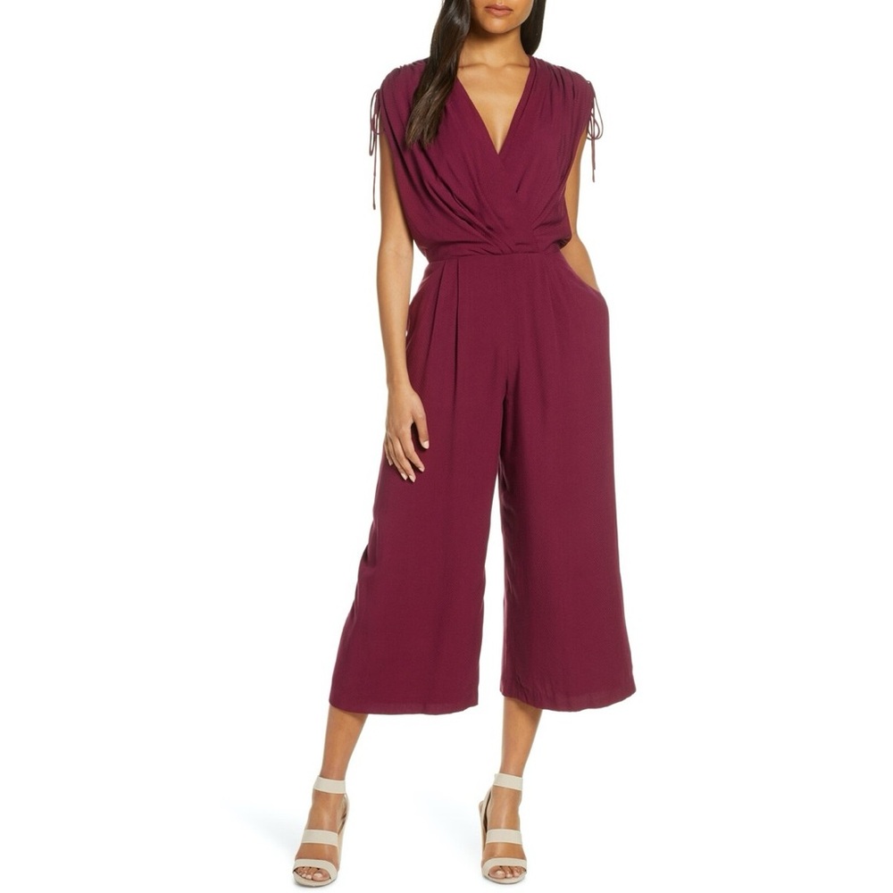 Gal Meets Glam Luella Ruched Shoulder Crop Jumpsuit in Oxblood